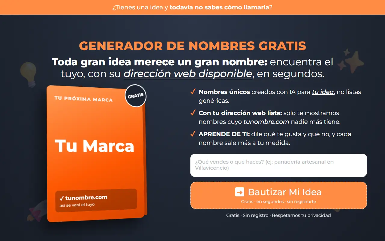 Toda gran idea merece un gran nombre: encuentra el tuyo, con su dirección web disponible, en segundos.